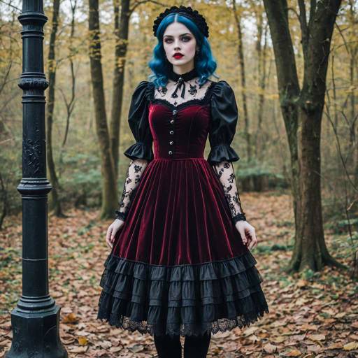 Vintage-Inspired Pastel Goth Girl in Crimson Velvet Dress