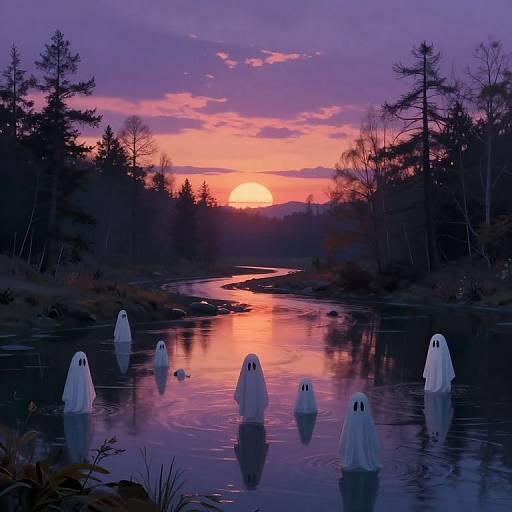Photograph-style digital art of white ghostly figures with black eyes floating in a reflective, purple-lit river at sunset, surrounded by dark, silhouette