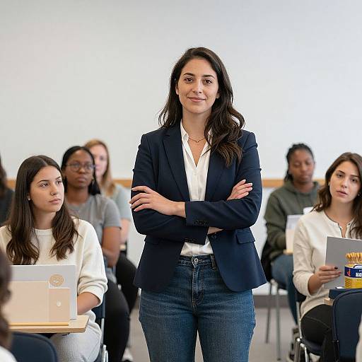 Photograph of a confident woman with dark hair, wearing a black blazer and white shirt, standing with arms crossed in a classroom setting, surrounded by