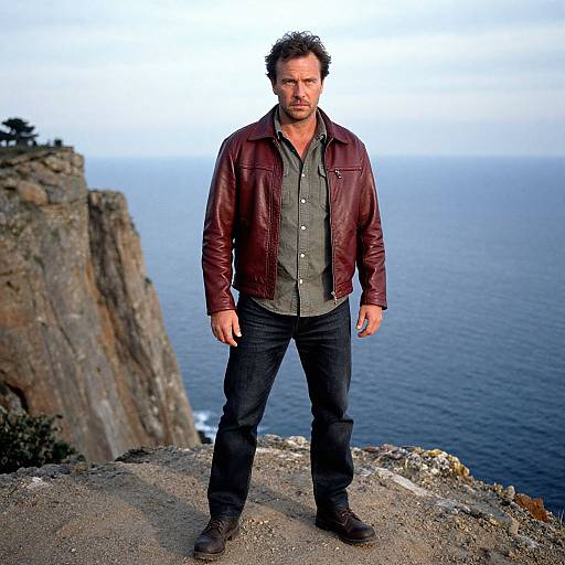 Photograph of a rugged man with short curly hair, wearing a maroon leather jacket, gray shirt, and black jeans, standing on a cliff overlooking