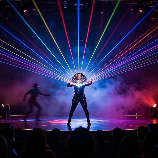 Photograph of a performer in a black outfit centered under vibrant blue, purple, and pink laser beams with fog on stage. Silhouetted dancers
