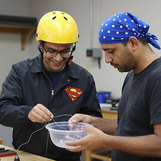Two Men Working with Wires in Workshop