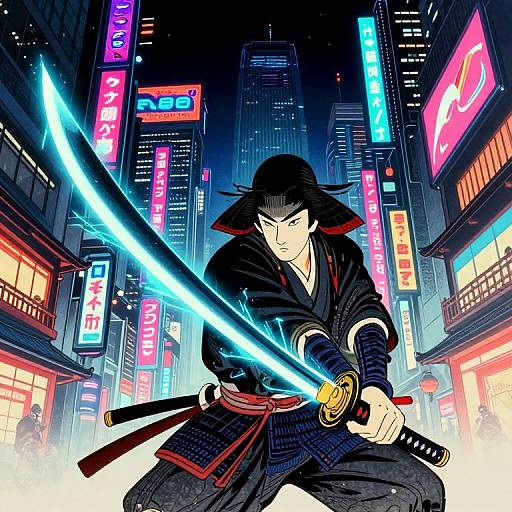 Digital anime-style drawing of a black-haired samurai in a dark kimono, wielding a glowing blue sword in a neon-lit, futuristic city street