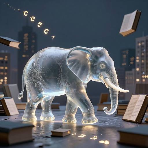 Illuminated transparent elephant sculpture with snowflake patterns, surrounded by floating books, set against a nighttime cityscape backdrop.