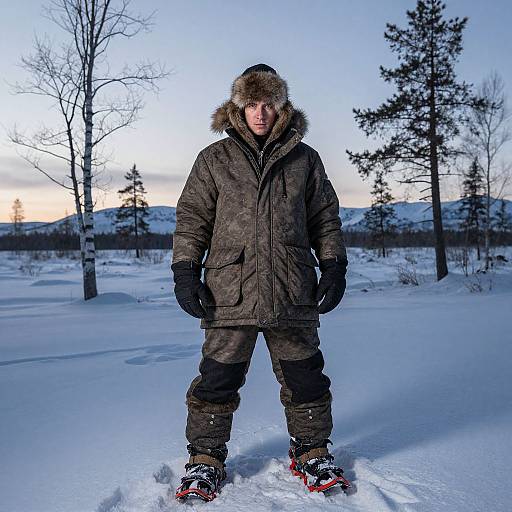 Photograph of a young man in a dark winter parka with fur hood, black gloves, and red snowmobile boots, standing in a snowy forest