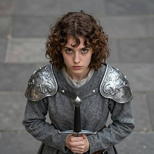 Young Woman in Medieval Armor Holding Sword