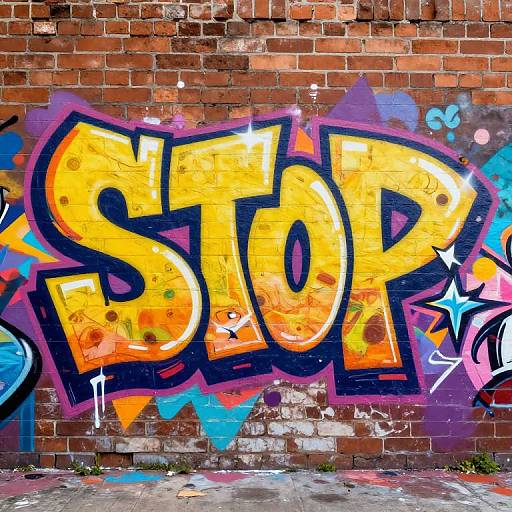 Bright graffiti on a red brick wall: bold yellow 