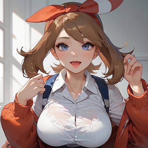 Anime-style digital drawing of a cute, blue-eyed, brown-haired girl with large breasts, wearing a red bow, white blouse, and red jacket,