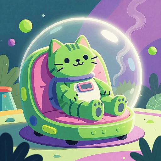 Digital cartoon of a cute green cat with black stripes in a bubble-shaped spaceship, glowing neon colors, floating planets, and a purple-hued space background