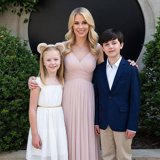 Photograph of a blonde woman in a pink dress, with two children, a girl in white and a boy in a navy blazer, standing in