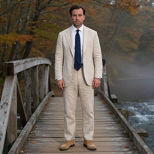 Photograph of a serious man in a white suit, navy tie, and brown shoes standing on a wooden bridge with autumn foliage and a misty river