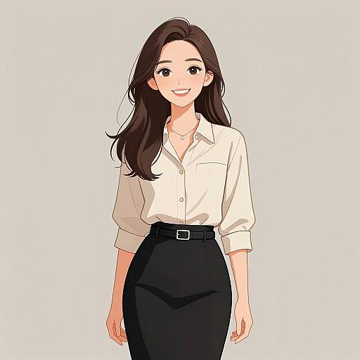 Digital anime-style drawing of a smiling woman with long brown hair, wearing a white button-up shirt and black high-waist skirt.