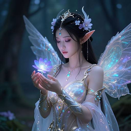 Digital fantasy artwork of an ethereal elf woman with glowing blue butterfly wings, long black hair, flower crown, and intricate metallic armor, gently holding a