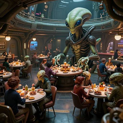 Digital artwork of a futuristic restaurant with human-like aliens serving food to seated humans; large, green, alien waiter towering over diners.