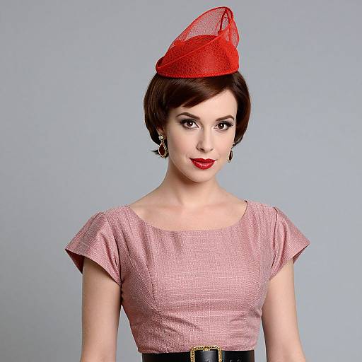 Photograph of a pale-skinned woman with dark brown hair, wearing a red mesh hat, pink textured top, black belt, and red lipstick,