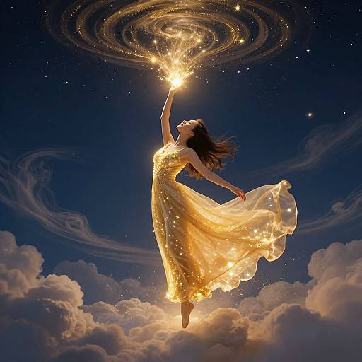 Photograph-like digital art: Ethereal woman in flowing yellow dress, levitating above clouds, holding glowing orb, creating starry rings in dark blue