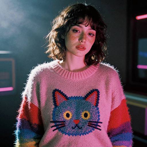 Freckled Woman in Rainbow Sweater