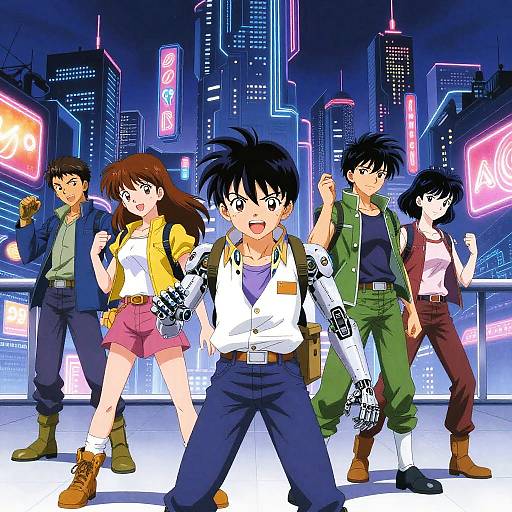 Digital anime artwork of five characters in a neon-lit cyberpunk city. They stand confidently, wearing varied colorful outfits, with bright neon signs in the