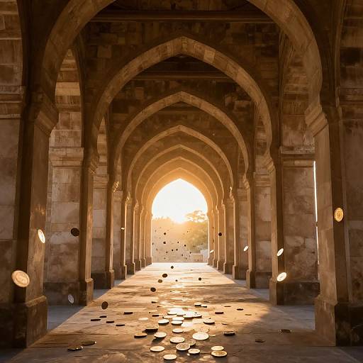 Photograph of a sunlit, ancient stone archway corridor with multiple arches, scattered round stones on the floor, and warm, golden light streaming