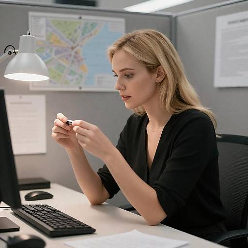 Blonde Woman Examining Object at Desk