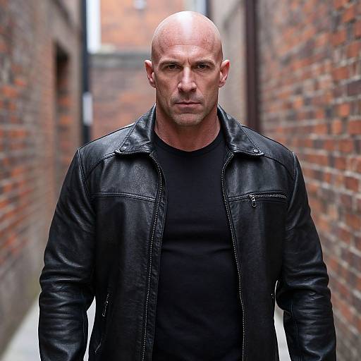 Photograph of a bald, muscular man with a serious expression, wearing a black leather jacket over a black shirt, standing in a narrow brick alleyway