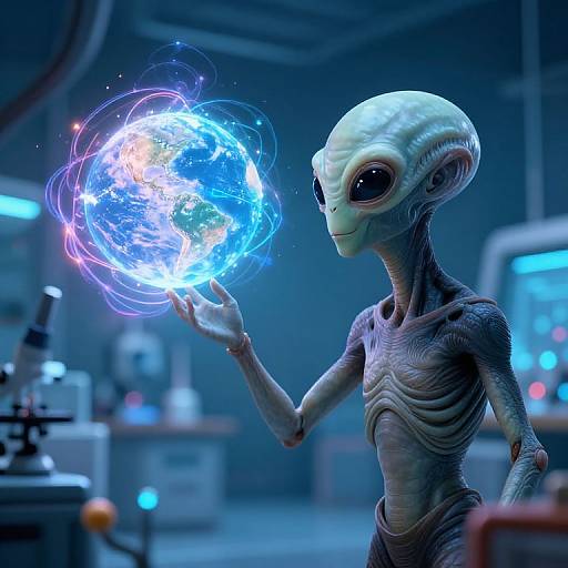 CGI image of a slender, alien with large black eyes holding a glowing, blue and white orb in a futuristic lab.