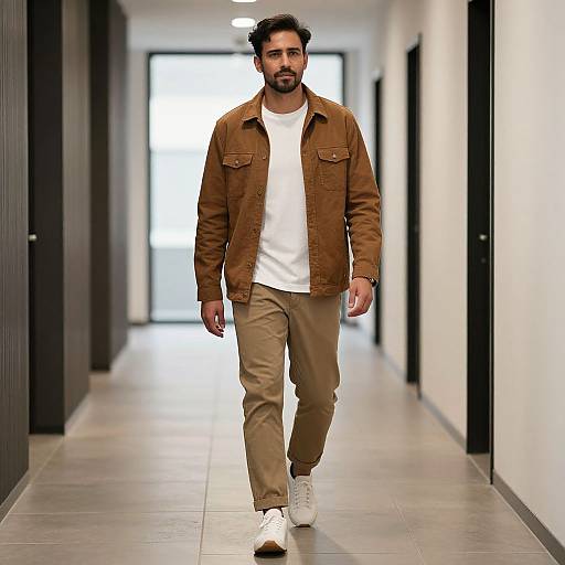Photograph of a bearded man with dark hair, wearing a brown jacket, white shirt, beige pants, and white sneakers, walking down a modern