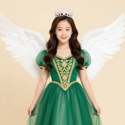 Photograph of a young Asian girl with long black hair, wearing a green fairy princess dress with gold embroidery, silver tiara, and smiling, set