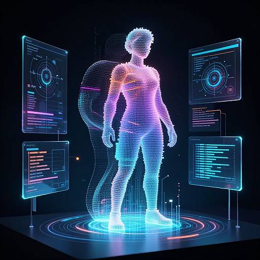 Neon-lit, digital CGI of two human silhouettes standing back-to-back, surrounded by glowing holographic screens displaying tech data in a dark