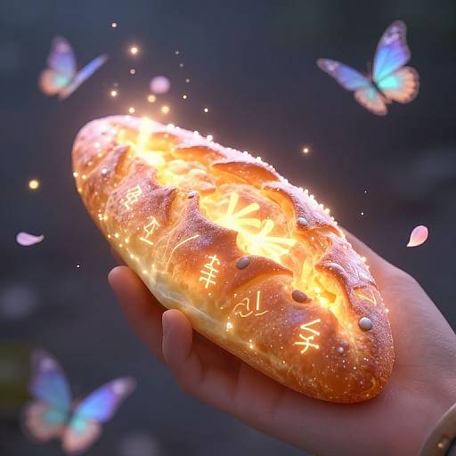 Photograph of a glowing, enchanted, golden-brown baguette with white symbols, held by a hand, surrounded by ethereal blue butterflies against
