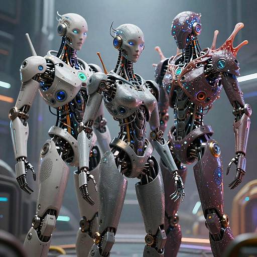 Three futuristic, glowing-eyed, humanoid robots with metallic bodies stand in a sci-fi, neon-lit corridor. The robots have varied colors: white,