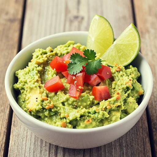 Photograph of a white bowl filled with creamy green guacamole, topped with diced red tomatoes, cilantro, and a lime wedge, on a