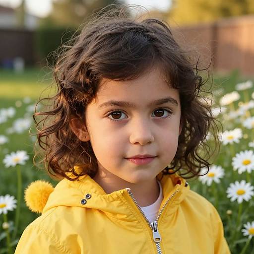Photograph of a young girl with curly brown hair, wearing a yellow raincoat, standing in a daisy-filled field, smiling softly at the camera