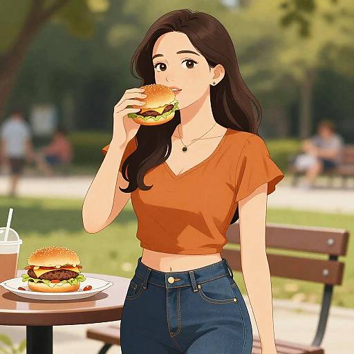 Casual Chic Pear-Shaped Woman Eating Burger
