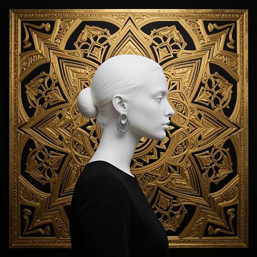 Photograph of a white, side-profile mannequin with a bun, wearing a black top, against an intricate, gold, star-shaped patterned