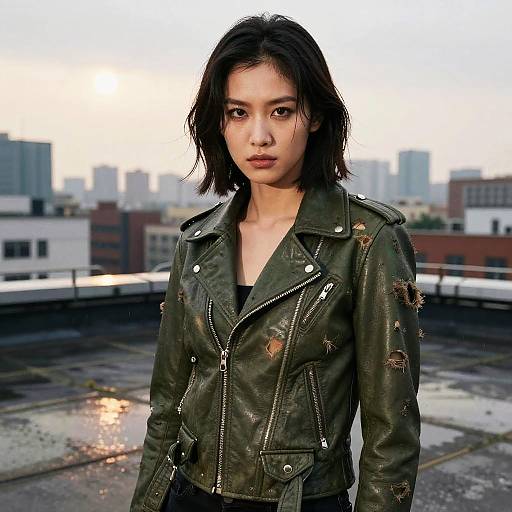 Fierce Woman in Olive Leather Jacket