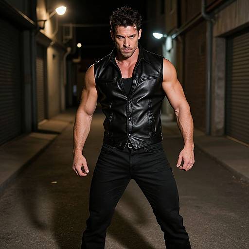 Photograph of a muscular, dark-haired man in a black leather vest and pants, standing confidently on a dimly lit, narrow alley at night.