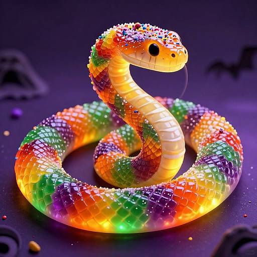 Digital illustration of a neon, rainbow-colored snake with glittery scales, coiled on a dark purple background with faint bat silhouettes. Vibrant