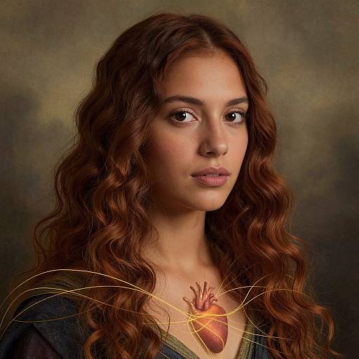 Photograph of a young woman with long, wavy brown hair, olive skin, and brown eyes, wearing a dark top with a glowing, anatom