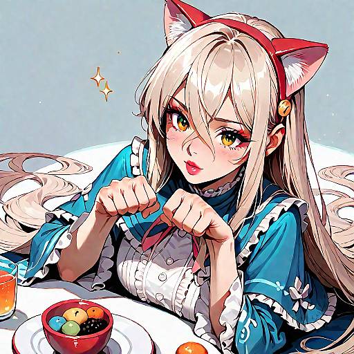Anime-style digital drawing of a blonde cat-girl in a blue and white maid outfit, eating fruit with a playful expression.