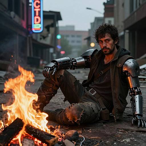 Photograph of a rugged, bearded man with cybernetic arm and shoulder, sitting by a burning fire on a deserted, urban street at dusk
