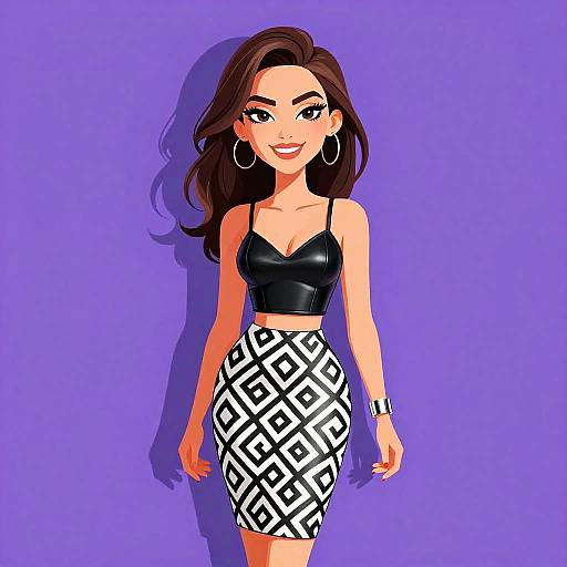Digital illustration of a smiling woman with long brown hair, wearing a black leather crop top and black-and-white geometric skirt, against a purple background.