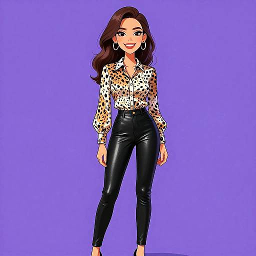 Digital illustration of a smiling woman with wavy brown hair, wearing a leopard-print blouse, black leather pants, and hoop earrings, against a solid purple
