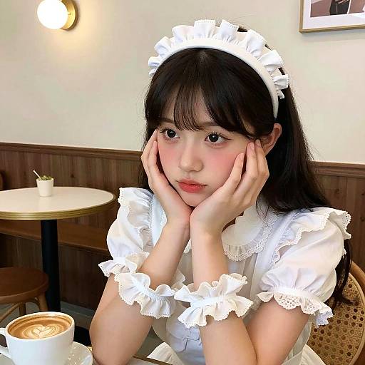 Photograph of an Asian woman with black hair in a white lace maid outfit, hands on cheeks, sitting in a cozy café.
