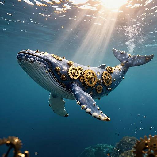 Photograph of a large, blue-gray whale with golden barnacles on its body, swimming underwater in a sunlit, clear blue ocean.