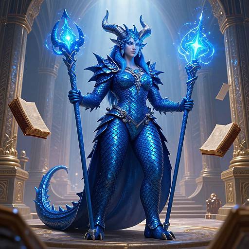 Digital art of a powerful blue dragon-woman in ornate armor, holding two glowing blue flame-tipped staffs, standing in a grand, illuminated