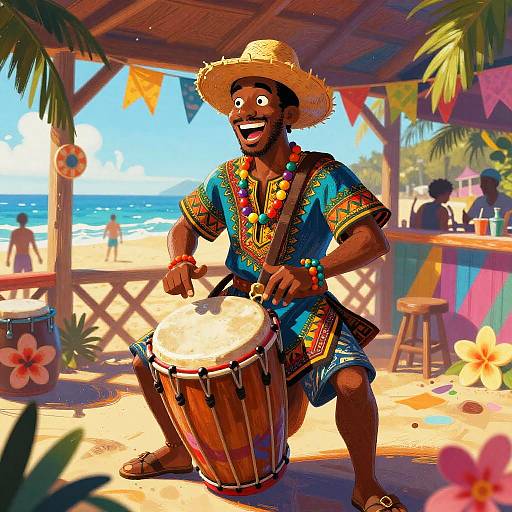 Vibrant digital artwork of a smiling Black man in colorful traditional attire, playing a drum on a sunny beach with palm trees and festive decorations.