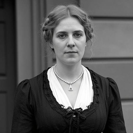 Black-and-white photograph of a serious-looking woman with wavy hair, wearing a Victorian-style black dress with a white collar and pearl necklace, standing against
