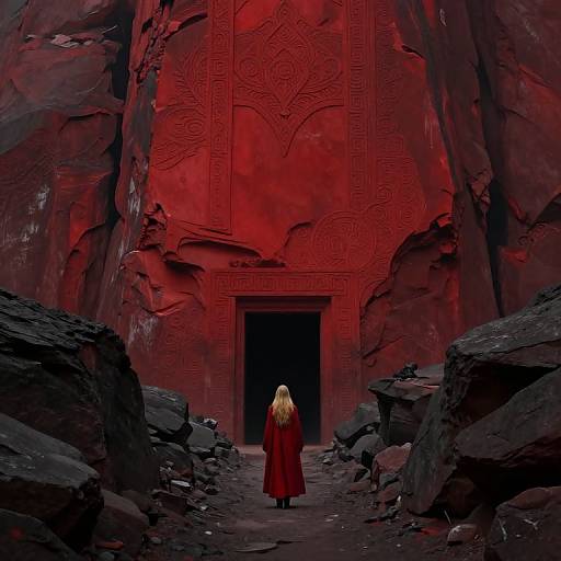 Digital art: Woman with long blonde hair in red dress stands before a dark red, intricately patterned stone doorway flanked by rocky, shadowy
