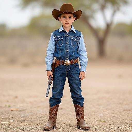 Photograph of a young boy in cowboy attire, including brown hat, blue denim vest and pants, light blue shirt, brown boots, holding a small